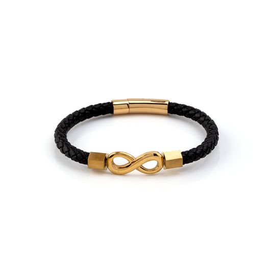 Herrenarmband aus Stahl und Leder mit Unendlichkeitssymbol